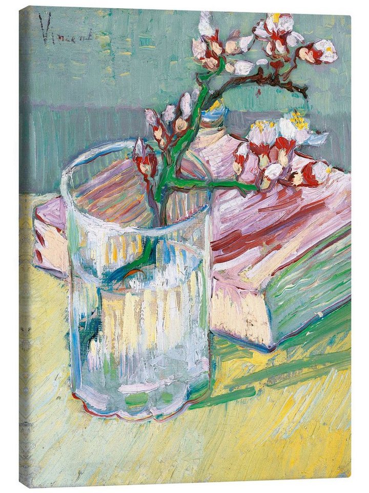 Posterlounge Leinwandbild Vincent van Gogh, Blühender Mandelzweig in einem Glas mit einem Buch, Wohnzimmer Malerei von Posterlounge
