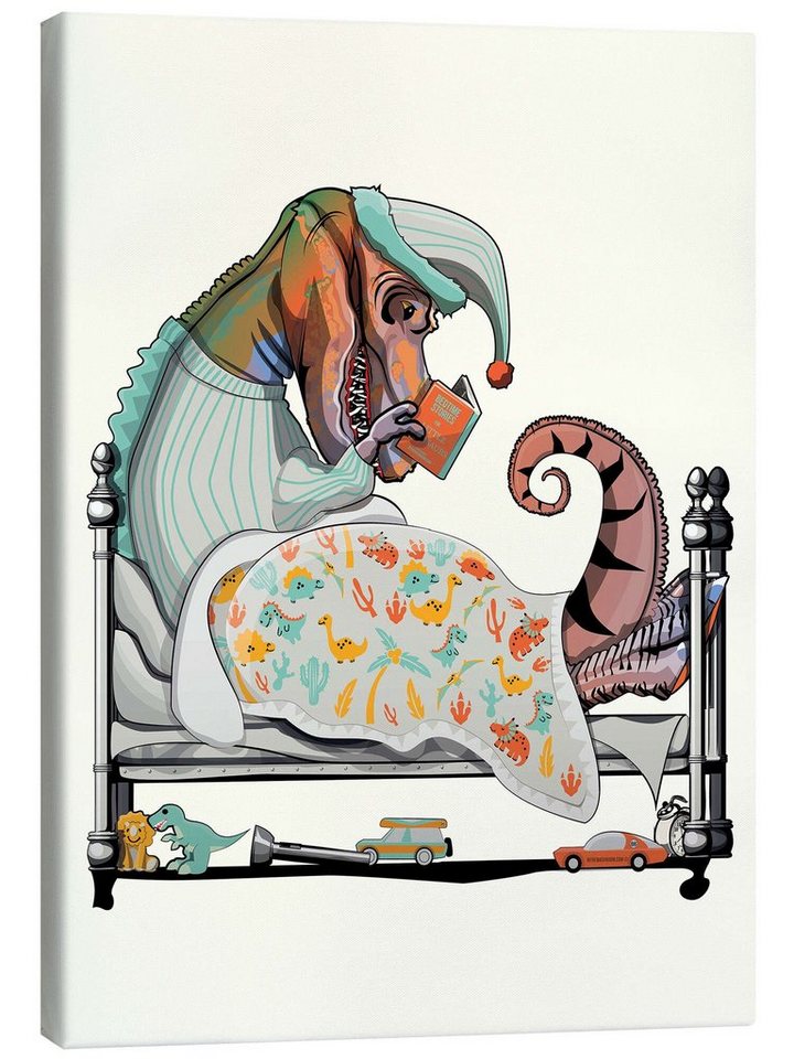 Posterlounge Leinwandbild Wyatt9, Tyrannosaurus im Bett, Badezimmer Illustration von Posterlounge