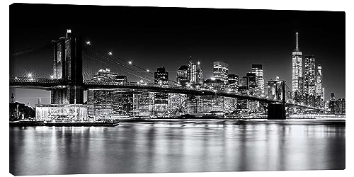 Posterlounge New York City Skyline bei Nacht, Brooklyn Bridge I Leinwandbild von Sascha Kilmer Wandbilder für jeden Raum 100 x 50 cm Schwarz-Weiß Schwarz-Weiß Fotografie Wanddeko von Posterlounge