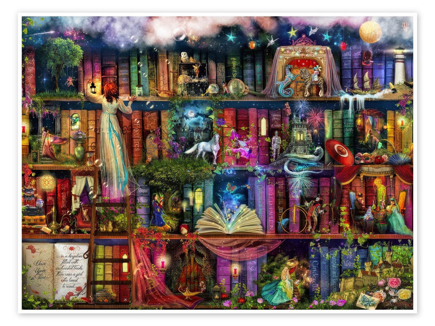 Posterlounge Poster Aimee Stewart, Das Bücherregal voller Märchen, Jungenzimmer Illustration von Posterlounge