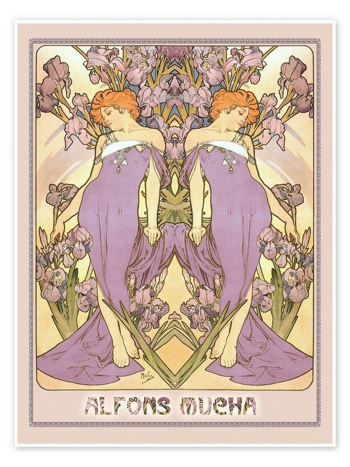 Posterlounge Poster Alfons Mucha, Die Blumen - Iris, Wohnzimmer Vintage Malerei von Posterlounge