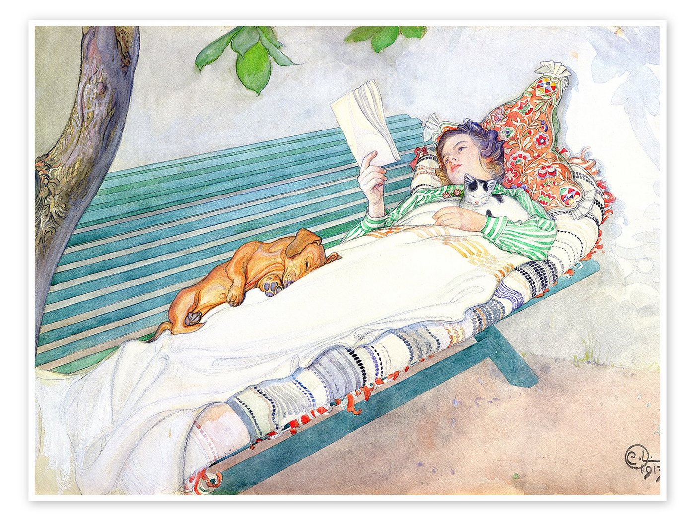 Posterlounge Poster Carl Larsson, Auf einer Bank liegende Frau, Badezimmer Landhausstil Malerei von Posterlounge