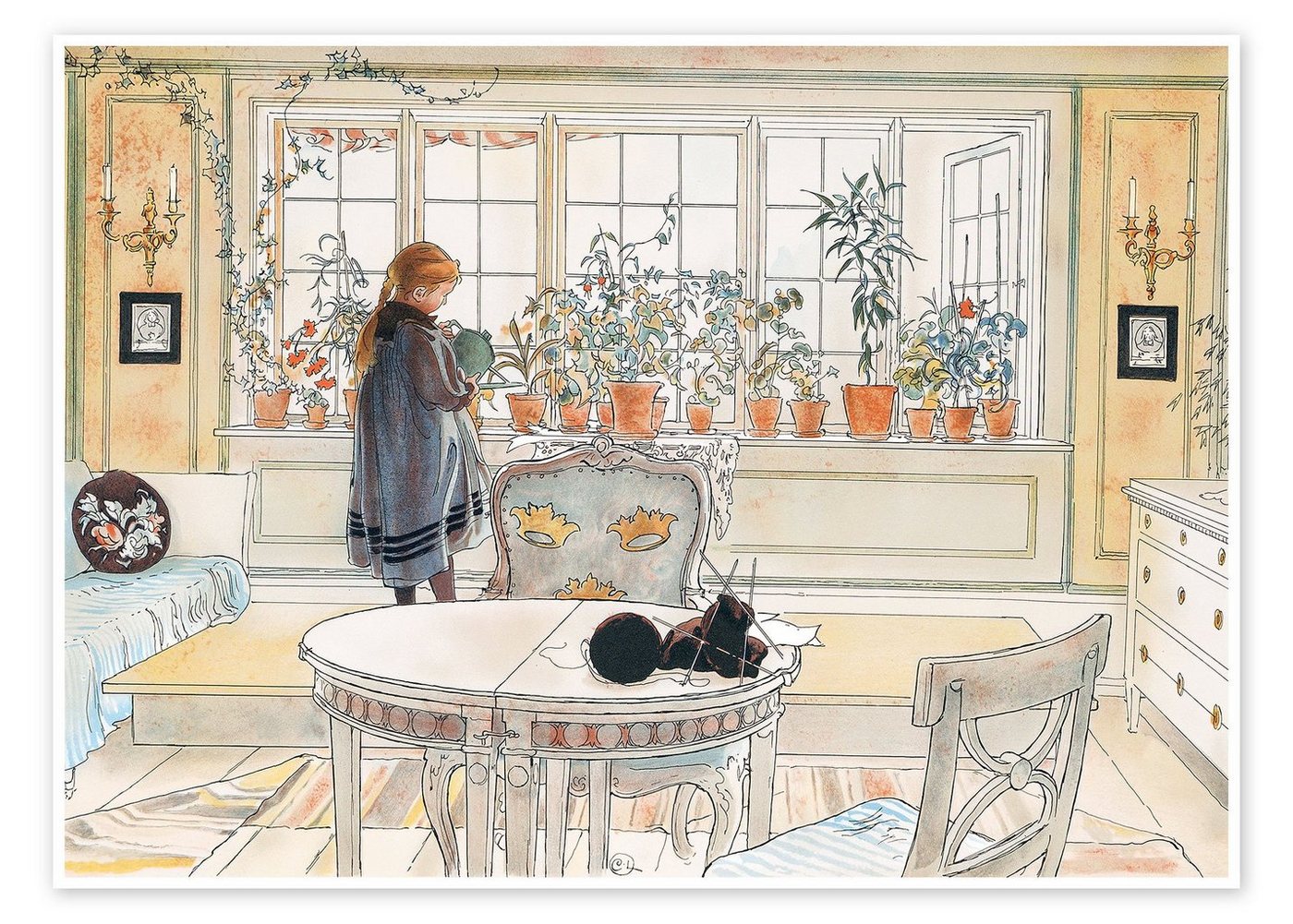 Posterlounge Poster Carl Larsson, Blumen auf der Fensterbank, Wohnzimmer Skandinavisch Malerei von Posterlounge