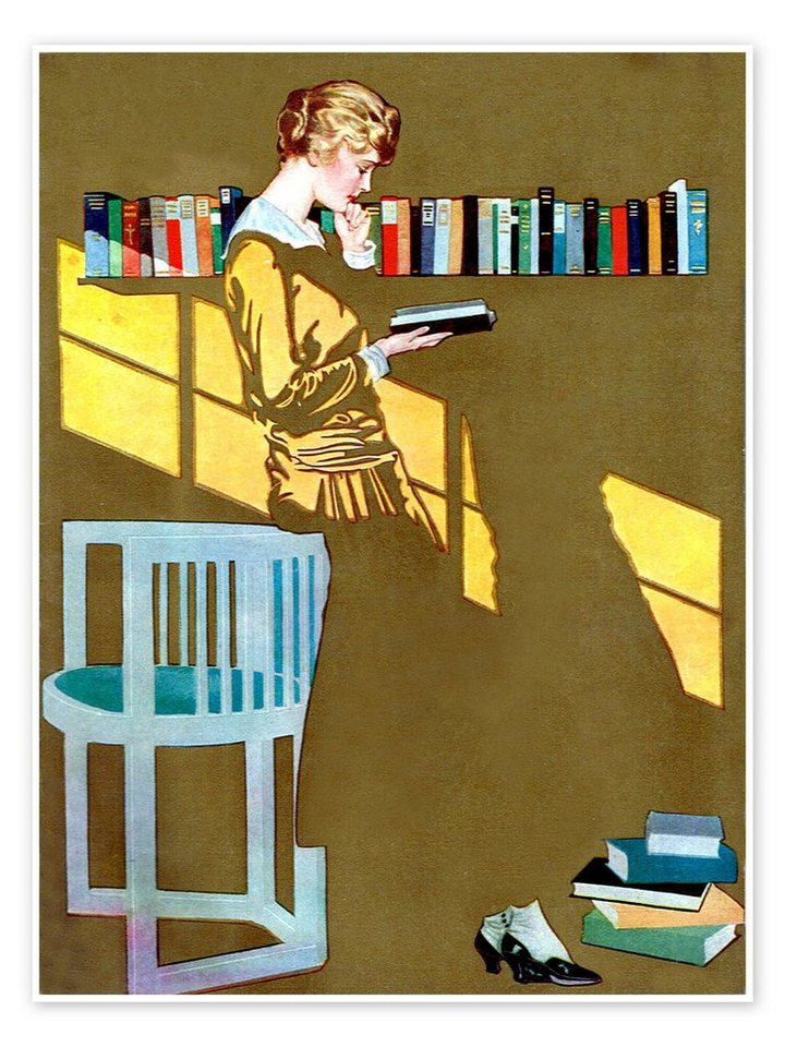 Posterlounge Poster Clarence Coles Phillips, Lesen vor dem Bücherregal, Wohnzimmer Vintage Malerei von Posterlounge