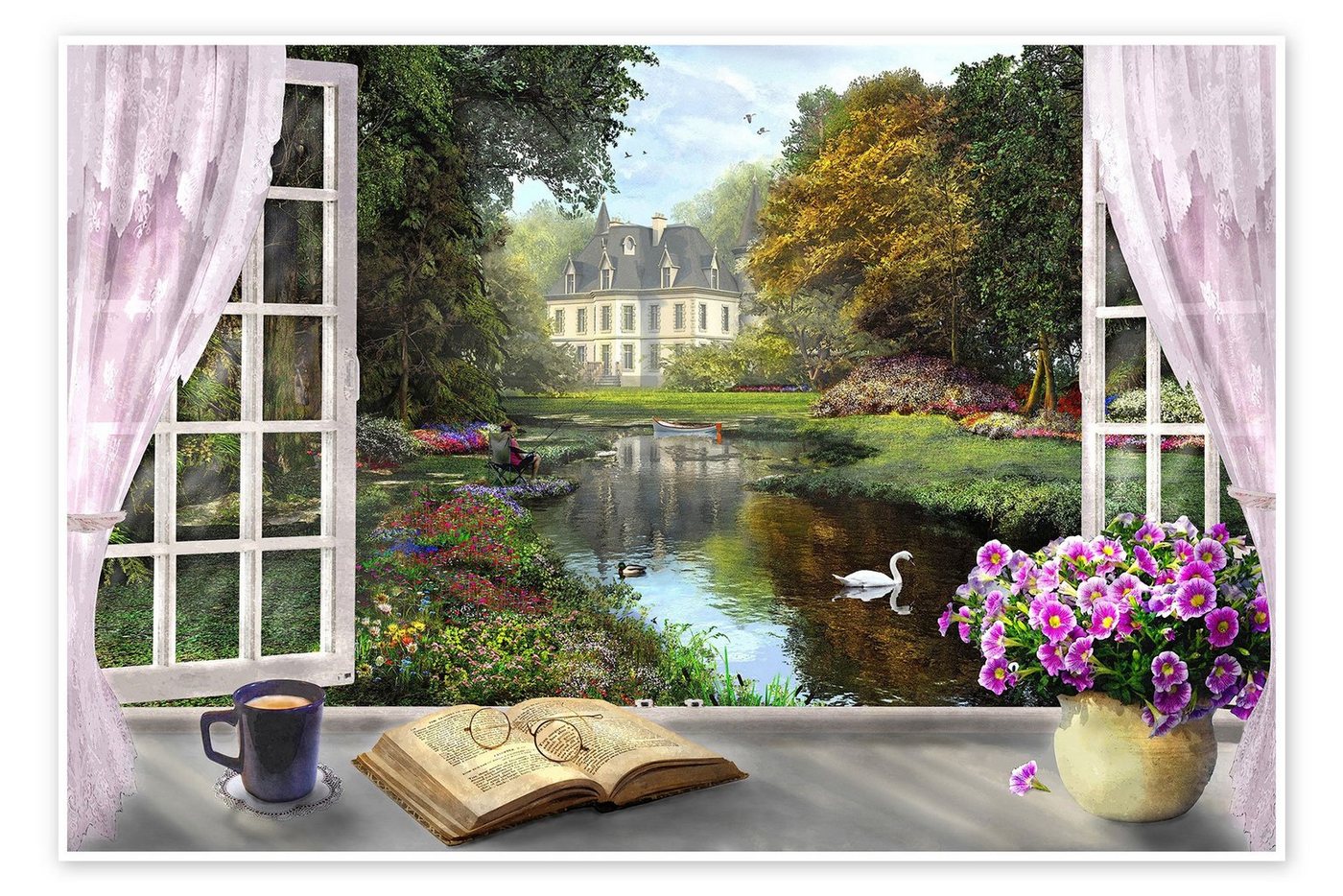 Posterlounge Poster Dominic Davison, Fenster mit idyllischem Blick, Landhausstil Illustration von Posterlounge
