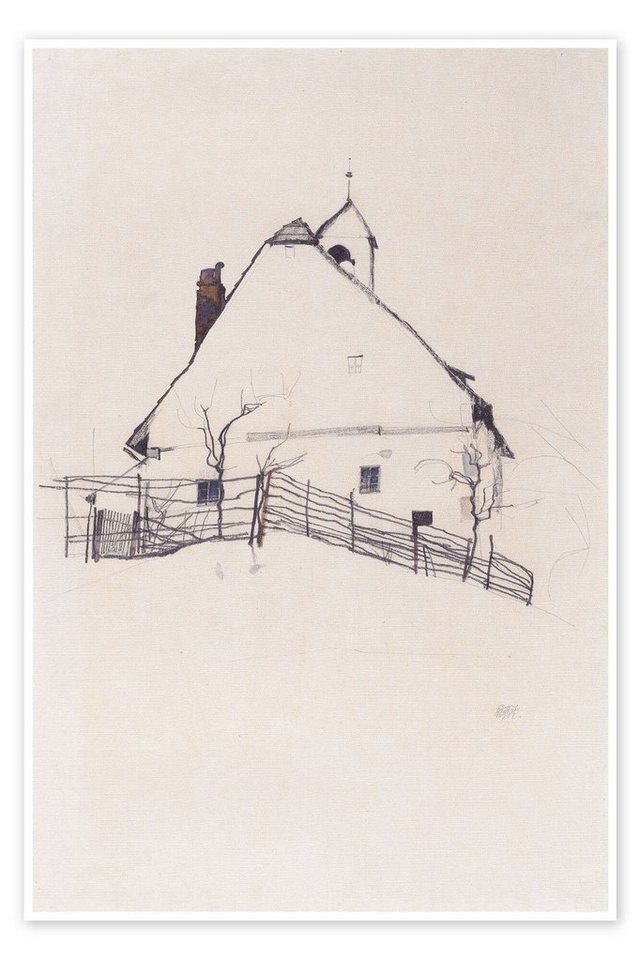 Posterlounge Poster Egon Schiele, Wohnhaus mit Zaun, Wohnzimmer Minimalistisch Malerei von Posterlounge