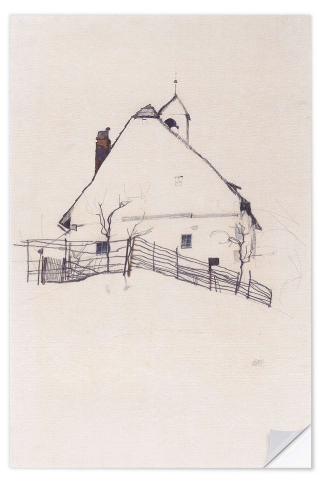 Posterlounge Poster Egon Schiele, Wohnhaus mit Zaun, Wohnzimmer Minimalistisch Malerei von Posterlounge