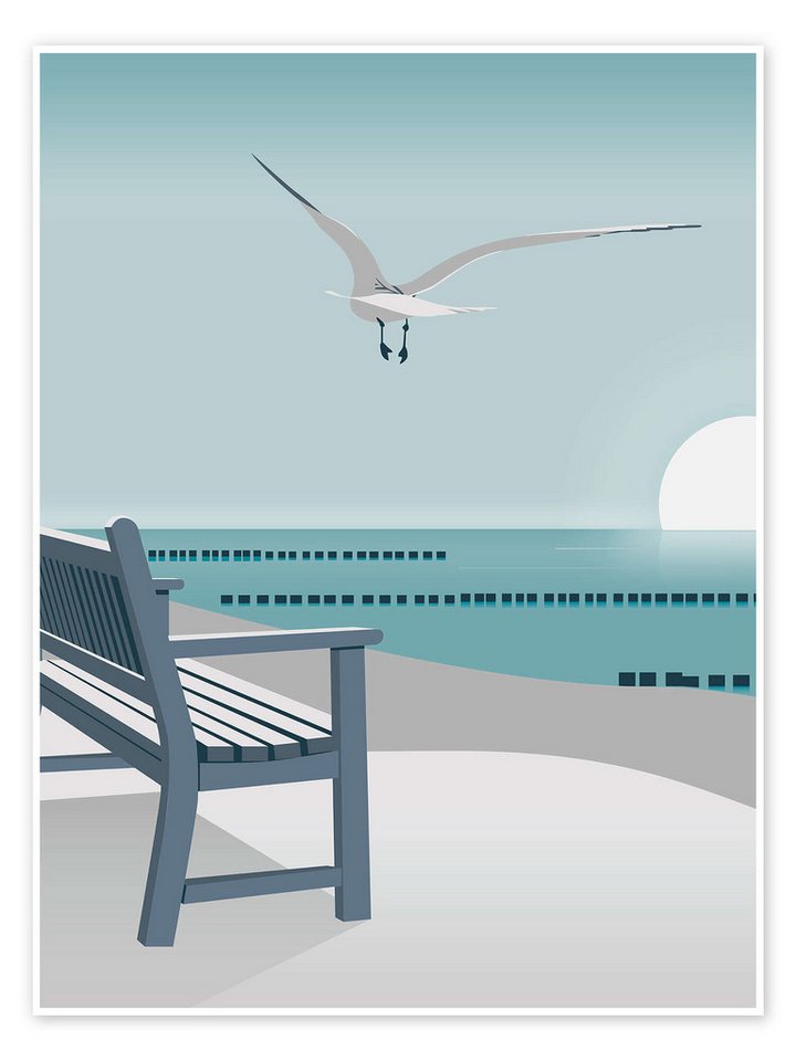 Posterlounge Poster Elke Frisch, Bank am Meer, Badezimmer Maritim Illustration von Posterlounge