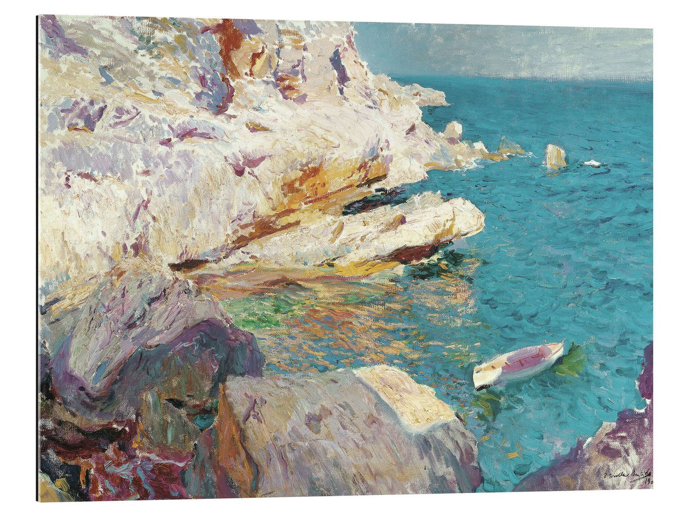 Posterlounge Poster Joaquín Sorolla y Bastida, Felsen von Jávea und weißes Boot, Badezimmer Maritim Malerei von Posterlounge