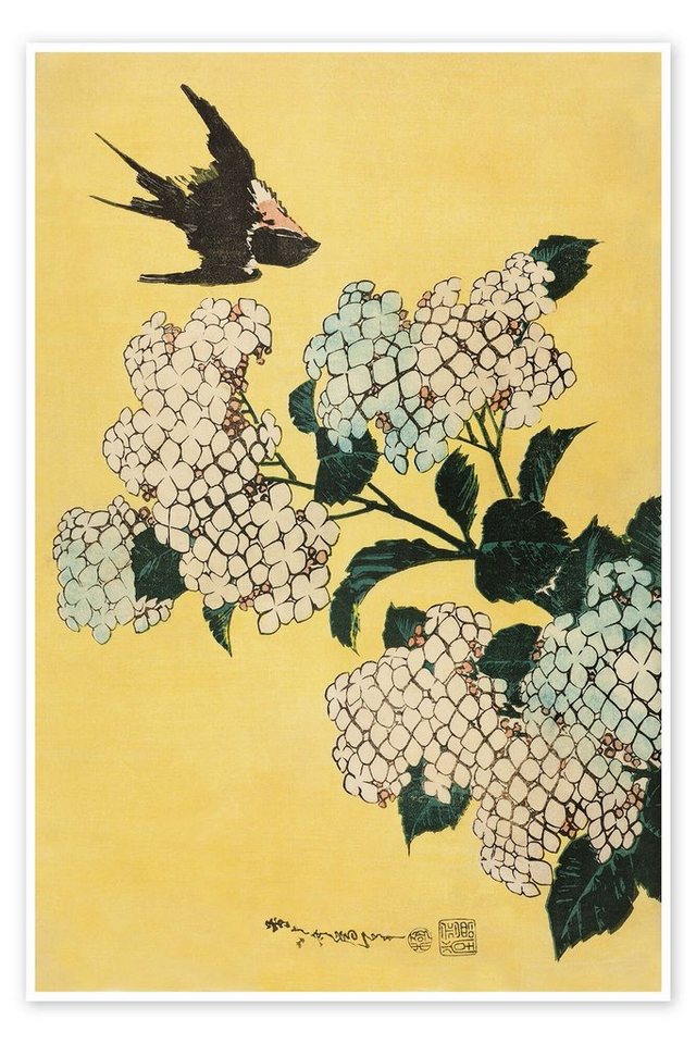 Posterlounge Poster Katsushika Hokusai, Hortensie und Schwalbe, unbetitelte Serie großer Blumen, ca. 1833, Malerei von Posterlounge