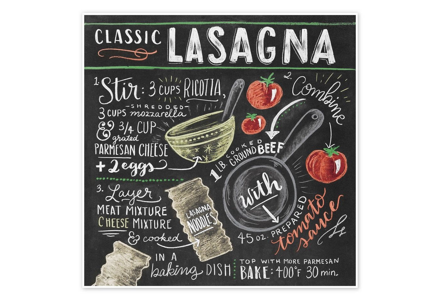 Posterlounge Wandbild Lasagne Rezept (Englisch), Lily & Val, erhältlich als Poster, Leinwandbild, Wandsticker oder Acrylglasbild von Posterlounge