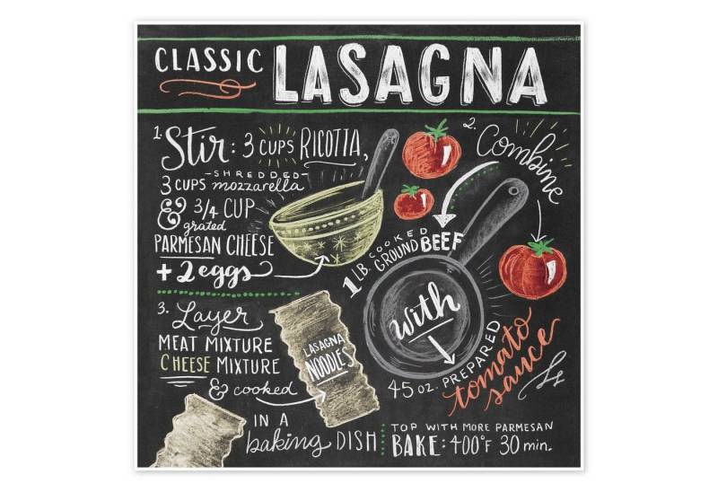 Posterlounge Wandbild Lasagne Rezept (Englisch), Lily & Val, erhältlich als Poster, Leinwandbild, Wandsticker oder Acrylglasbild von Posterlounge
