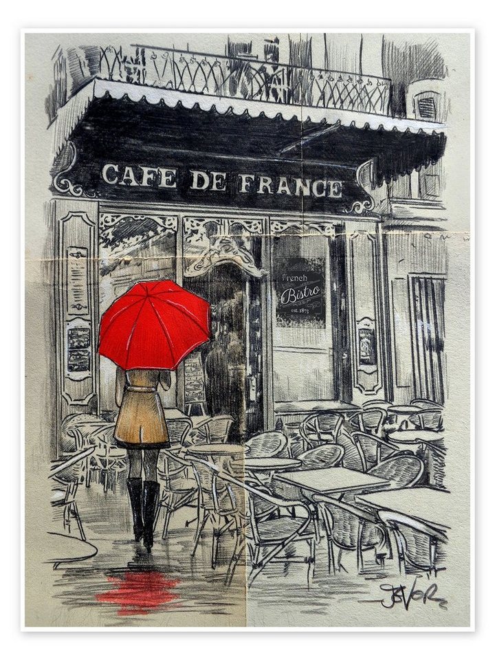 Posterlounge Poster Loui Jover, Café in Frankreich, Wohnzimmer Vintage Illustration von Posterlounge