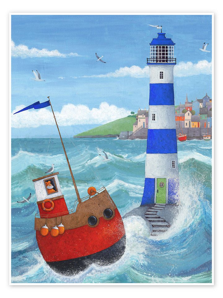Posterlounge Poster Peter Adderley, Blauer Leuchtturm, Badezimmer Maritim Malerei von Posterlounge
