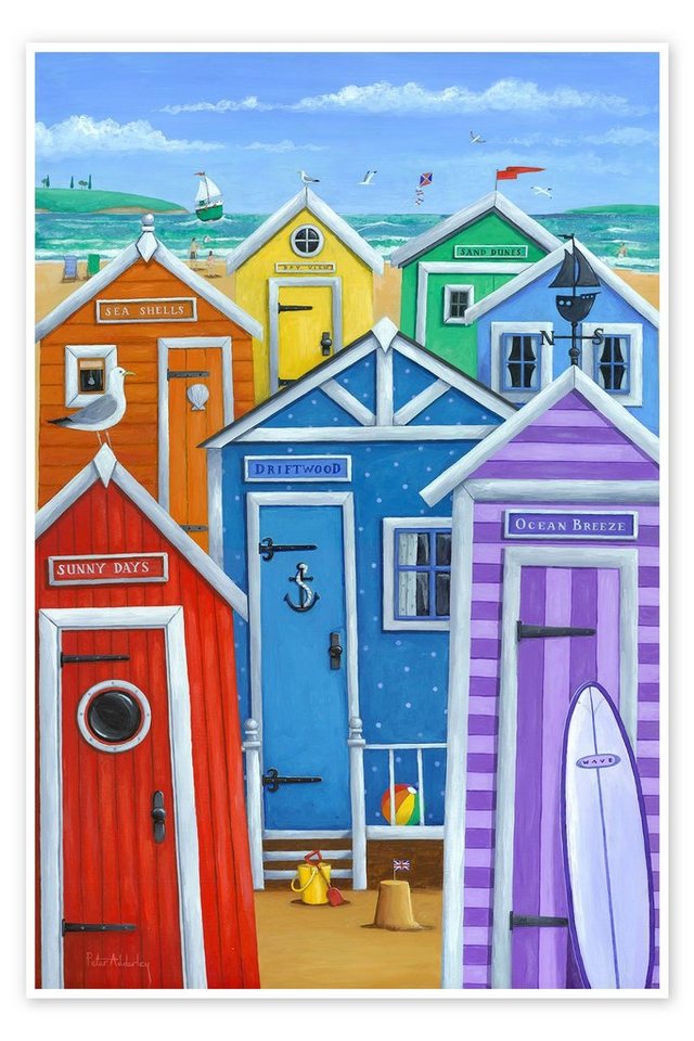 Posterlounge Poster Peter Adderley, Regenbogenfarbene Strandhäuschen, Badezimmer Maritim Kindermotive von Posterlounge