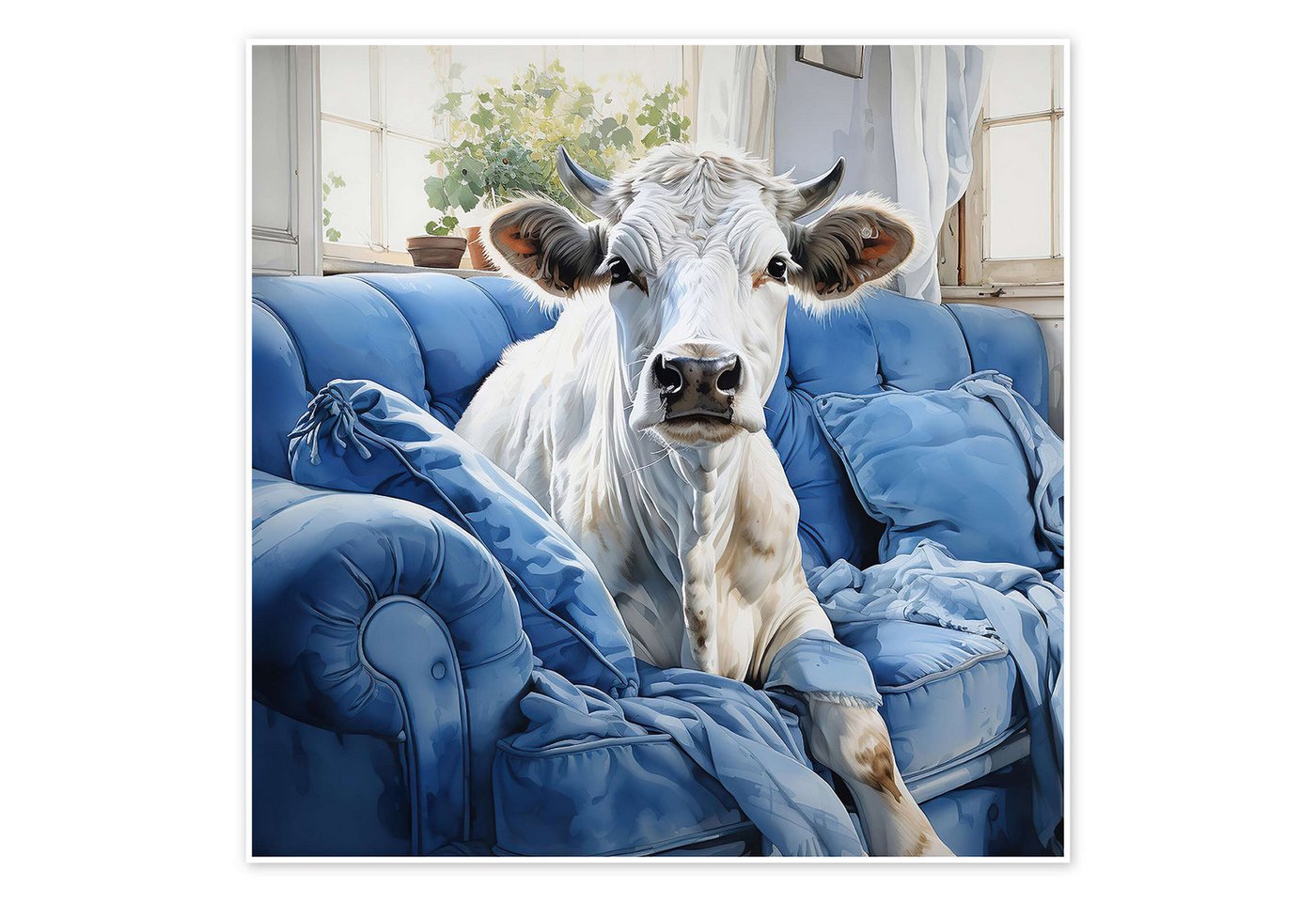 Posterlounge Poster Ryley Gray, Süße Kuh auf blauer Couch, Kinderzimmer Illustration von Posterlounge