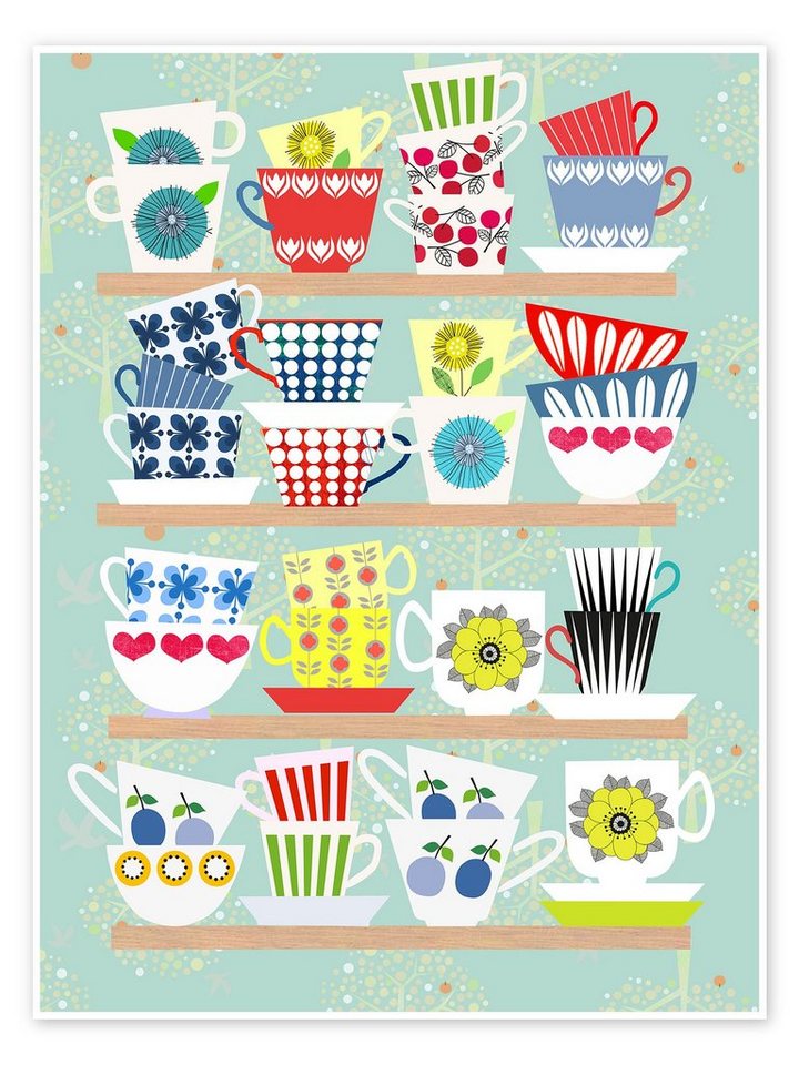Posterlounge Poster Taika Tori, Regal mit Skandinavischen Tassen, Küche Skandinavisch Illustration von Posterlounge