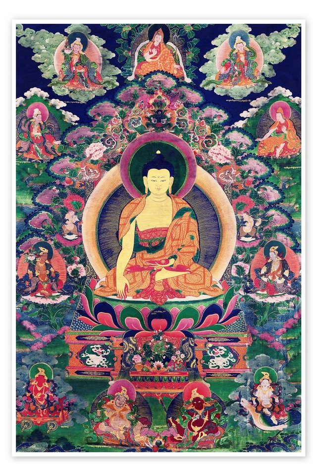 Posterlounge Poster Tibetan School, Buddha Shakyamuni mit elf Figuren, Orientalisches Flair Malerei von Posterlounge