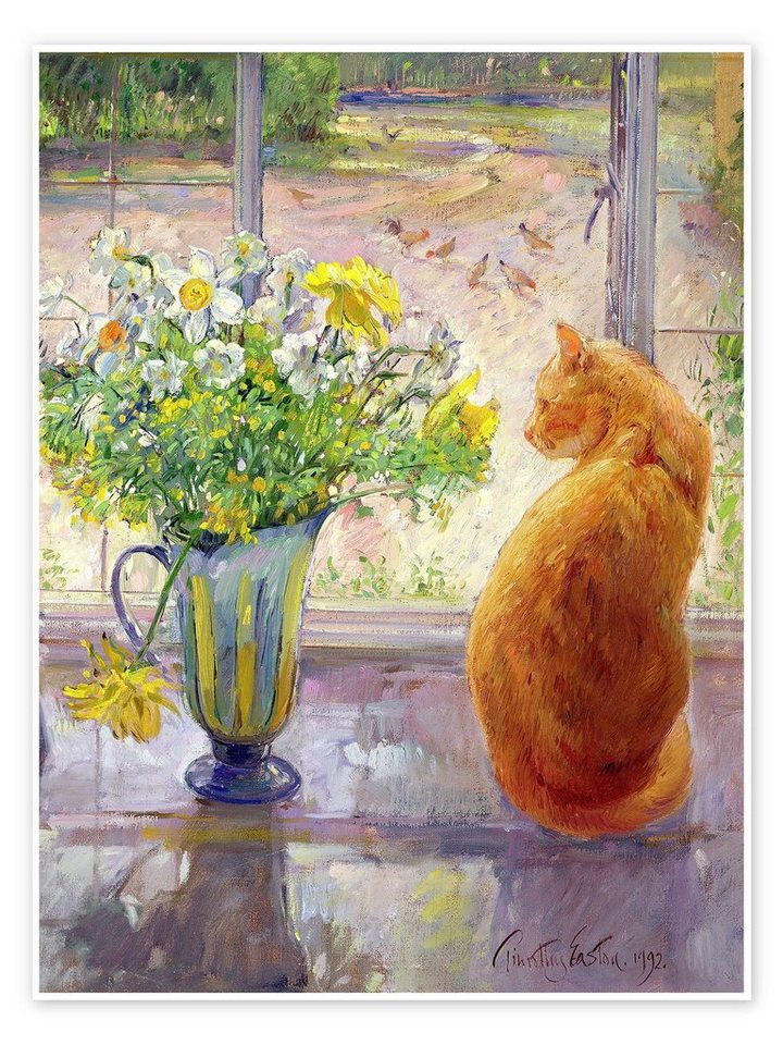 Posterlounge Poster Timothy Easton, Katze mit Blumen im Fenster, Küche Malerei von Posterlounge