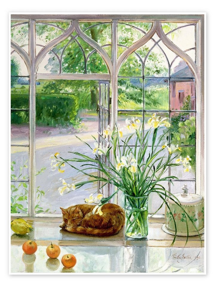 Posterlounge Poster Timothy Easton, Schlafende Katze im Fenster, Landhausstil Malerei von Posterlounge