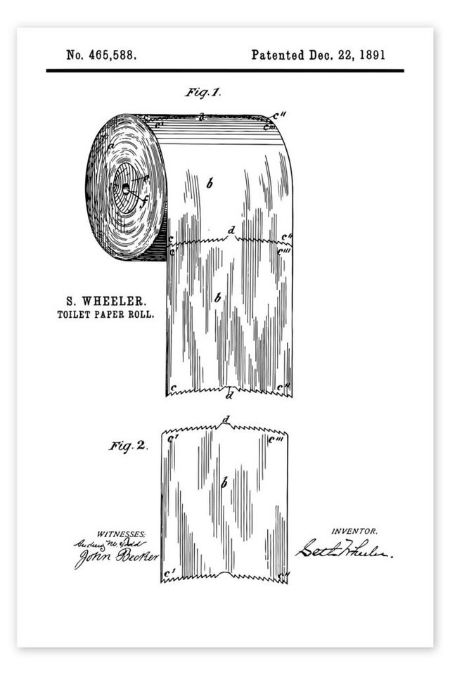 Posterlounge Poster Typobox, Vintage-Patent Toilettenpapier (englisch), Badezimmer Vintage Grafikdesign von Posterlounge