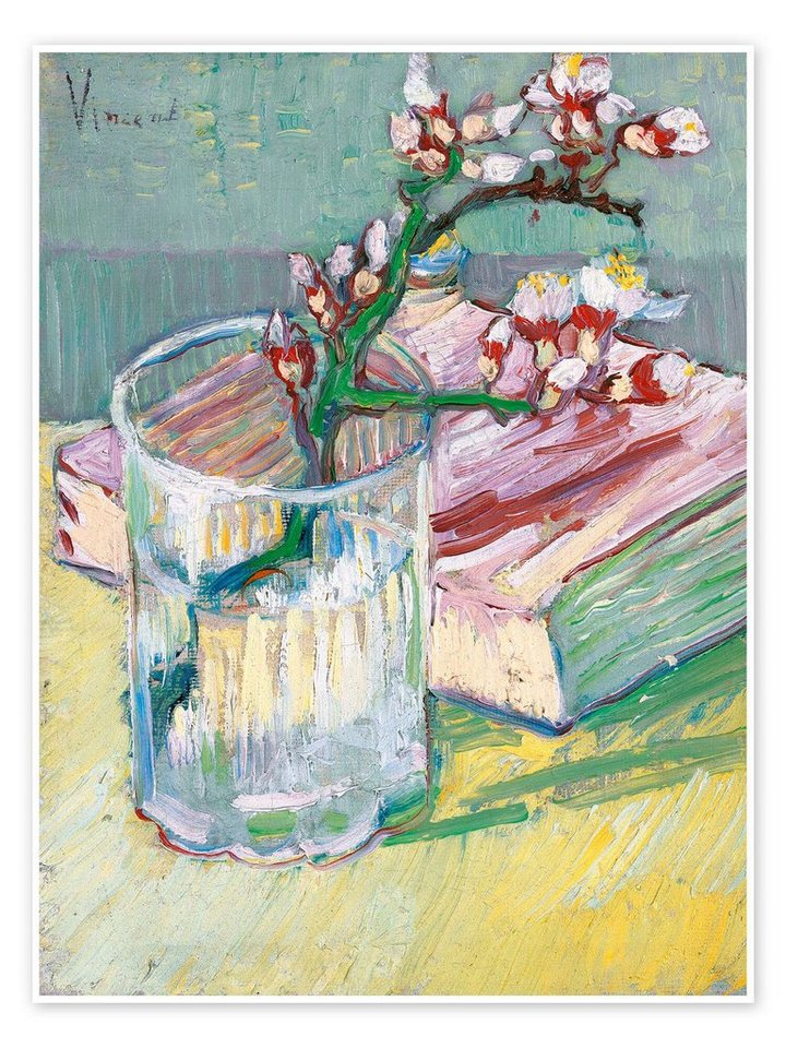 Posterlounge Poster Vincent van Gogh, Blühender Mandelzweig in einem Glas mit einem Buch, Wohnzimmer Malerei von Posterlounge