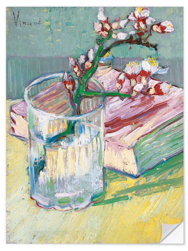 Posterlounge Poster Vincent van Gogh, Blühender Mandelzweig in einem Glas mit einem Buch, Wohnzimmer Malerei von Posterlounge