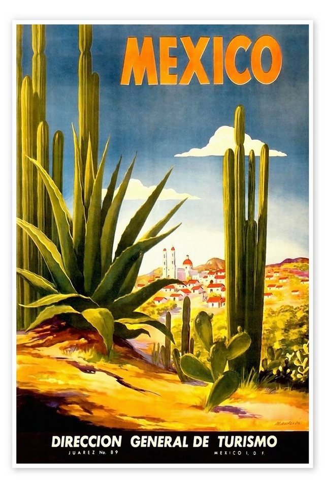 Posterlounge Poster Vintage Travel Collection, Mexiko-Kaktus, Vintage Illustration von Posterlounge