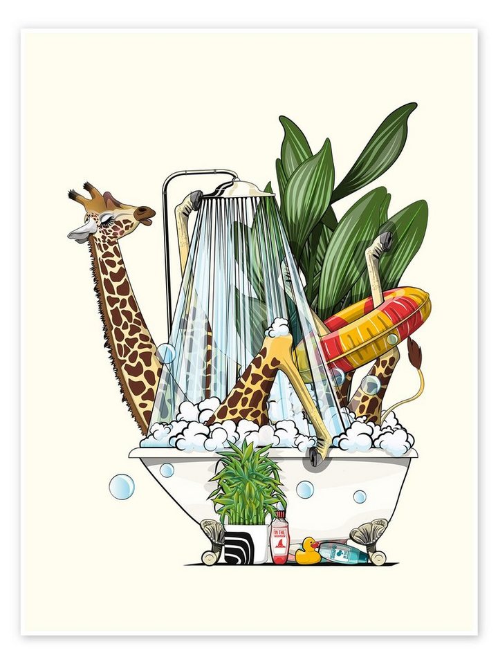 Posterlounge Poster Wyatt9, Giraffe in der Badewanne, Badezimmer Illustration von Posterlounge