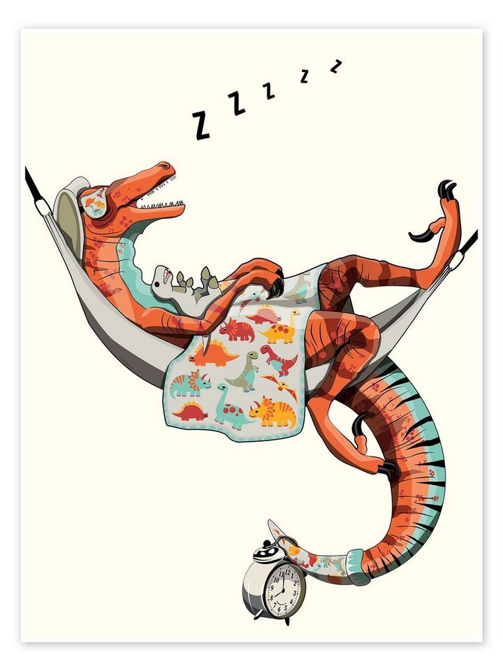 Posterlounge Poster Wyatt9, Velociraptor im Bett, Kinderzimmer Illustration von Posterlounge