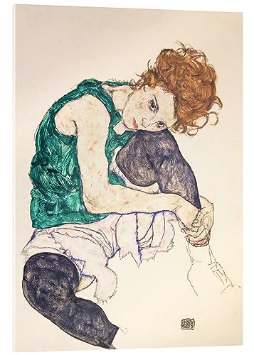Posterlounge Sitzende Frau mit hochgezogenem Knie Acrylglasbild von Egon Schiele 13 x 18 cm Beige Wandbilder Wanddeko von Posterlounge