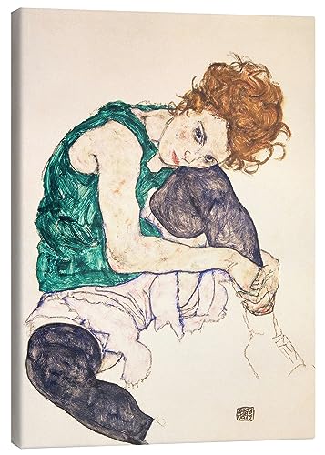 Posterlounge Sitzende Frau mit hochgezogenem Knie Leinwandbild von Egon Schiele 50 x 70 cm Beige Expressionismus Wanddeko von Posterlounge