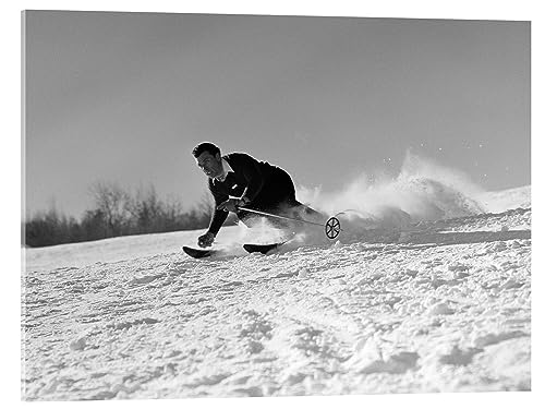 Posterlounge Skifahrer auf der Abfahrt Acrylglasbild von Vintage Ski Collection Wandbilder für jeden Raum 70 x 50 cm Schwarz-Weiß Nostalgie Wanddeko von Posterlounge