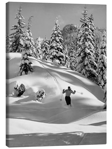 Posterlounge Skifahrer im Schnee Leinwandbild von Vintage Ski Collection 30 x 40 cm Schwarz-Weiß Wandbilder Wanddeko von Posterlounge