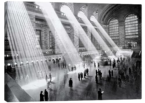 Posterlounge Sonnenstrahlen in der Grand Central Station Leinwandbild 40 x 30 cm Schwarz-Weiß Wandbilder Wanddeko von Posterlounge