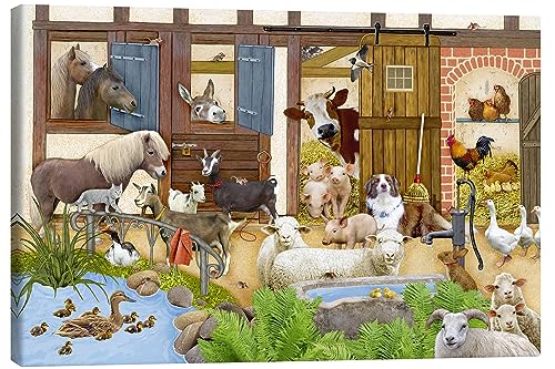 Posterlounge Tiere auf dem Bauernhof Leinwandbild von Marion Krätschmer 60 x 40 cm Wimmelbilder Wanddeko von Posterlounge