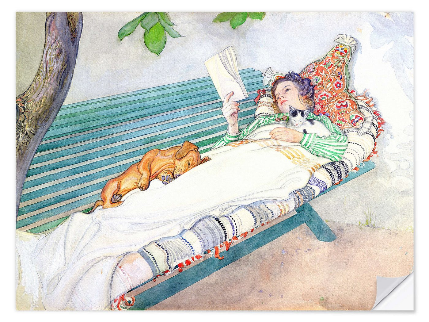 Posterlounge Wandfolie Carl Larsson, Auf einer Bank liegende Frau, Wohnzimmer Landhausstil Malerei von Posterlounge