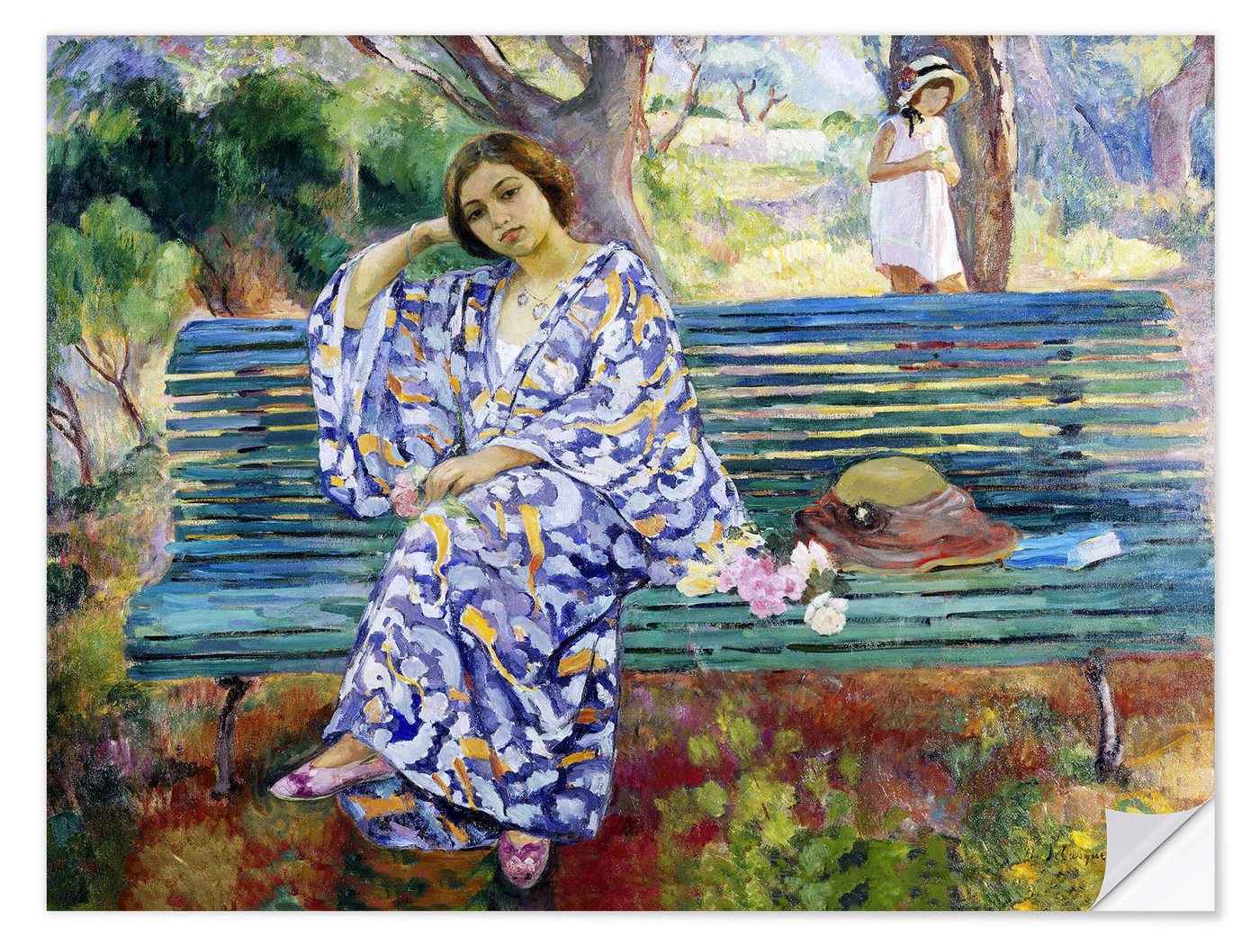 Posterlounge Wandfolie Henri Lebasque, Junge Frau, die auf einer Bank sitzt, Malerei von Posterlounge