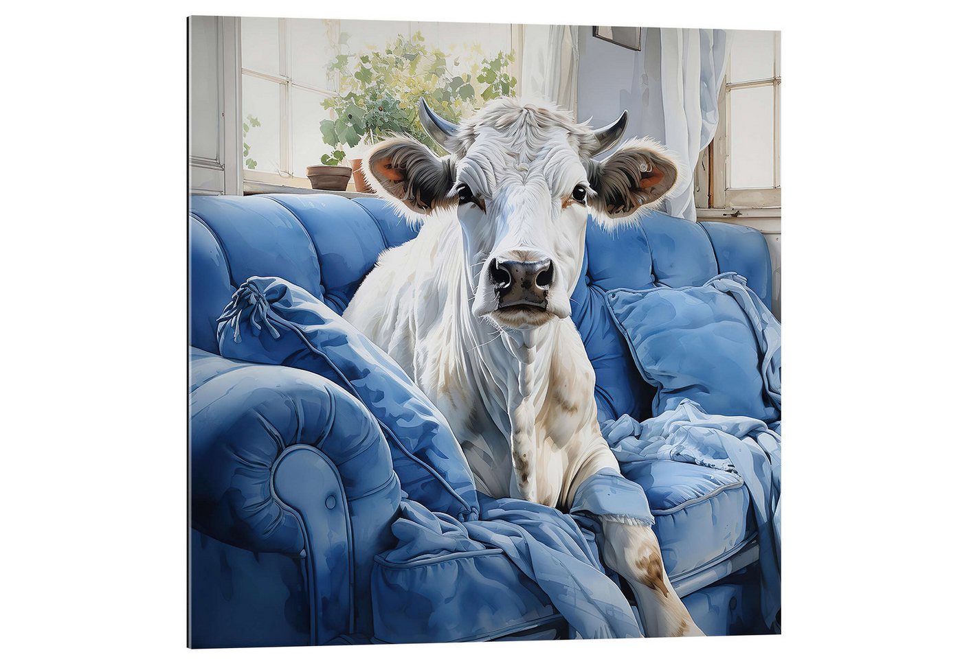 Posterlounge XXL-Wandbild Ryley Gray, Süße Kuh auf blauer Couch, Kinderzimmer Illustration von Posterlounge
