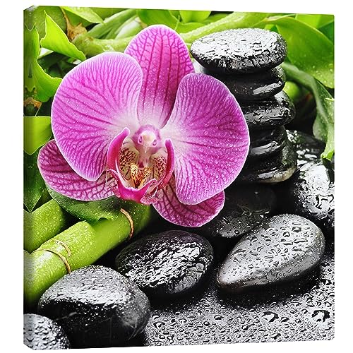 Posterlounge Zen-Steine und rosafarbene Orchidee Leinwandbild Wandbilder für jeden Raum 40 x 40 cm Blumen Wanddeko von Posterlounge