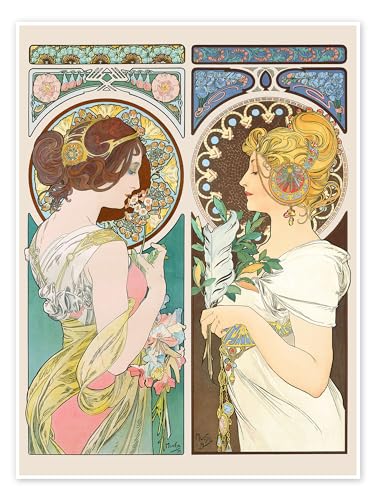 Schlüsselblume & Feder Poster von Alfons Mucha 30 x 40 cm Beige Jugendstil Wanddeko von Posterlounge