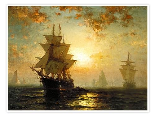 Segelschiffe bei Sonnenuntergang Poster von Edward Moran Wandbilder für jeden Raum 120 x 90 cm Orange Romantik Wanddeko von Posterlounge