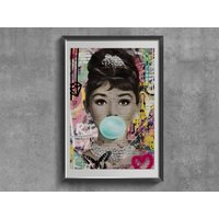 Bubble Gum Kunstdruck, Wand Kunst Hepburn Pink Lips, Moderne Filmschauspielerin Poster, Graffiti Auf Leinwand Wandkunst von PostersAndCanvases