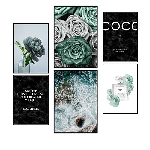 Postertech® Premium Poster (6er Set) | Poster Set Coco türkis | 2X DIN A3 & 4X DIN A4 | stilvolle Wanddeko | Rosen türkis weiss schwarz modern | Ohne Rahmen von Postertech