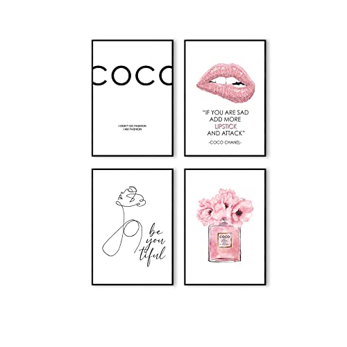 Postertech® Premium Poster Set | 4 Bilder als stilvolle Wanddeko | 4X DIN A4 | Girly Set Coco Lippe Bücher in weiss rosa pink (Ohne Bilderrahmen) von Postertech