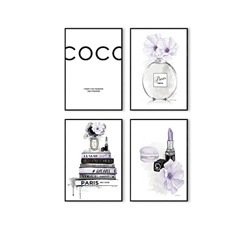 Postertech® Premium Poster Set | 4 Bilder als stilvolle Wanddeko | 4X DIN A4 | Paris Coco Bücher Luxury (Set Lila Weiss) von Postertech