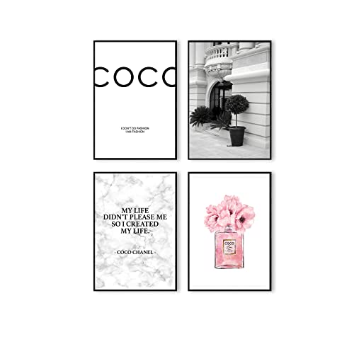 Postertech® Poster-Set | 4-teilig | Moderne Bilder als stilvolle Wanddeko | 4 x DIN A4 | Coco-Schriftzug, Weiß-Grau | ohne Bilderrahmen von Postertech