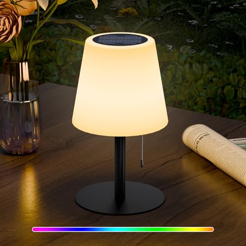 Postlucky Solar Tischlampe Outdoor Dimmbar Warmweiß und RGB Solar Tischleuchte Mit Fernbedienung LED Tischlampe Kabellos USB Aufladbar Akku Tischlampe IP44 für Camping Garten Außen (Schwarz) von Postlucky