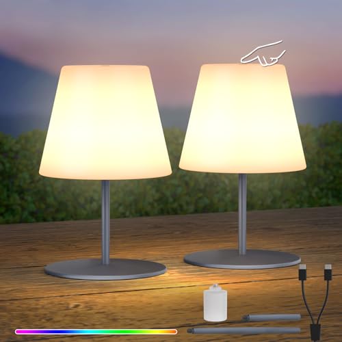 Postlucky Tischlampe Kabellos Mini Kleine LED Akku Tischlampe Outdoor Touch Dimmbar Warmweiß/RGB USB Aufladbar Tischleuchte Kabellos 2er Set IP44 für Außen Patio Terrasse Balkon (Grau) von Postlucky