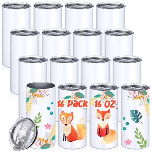 16 Stück Sublimation Skinny Tumbler Bulk 473 ml Edelstahl Gerade Tumbler Slim Insulated Cup Set Double Wall Vacuum Water Tumbler Blanks White Cup with Lid for Art DIY Craft Coffee Gift Beverage von Potchen